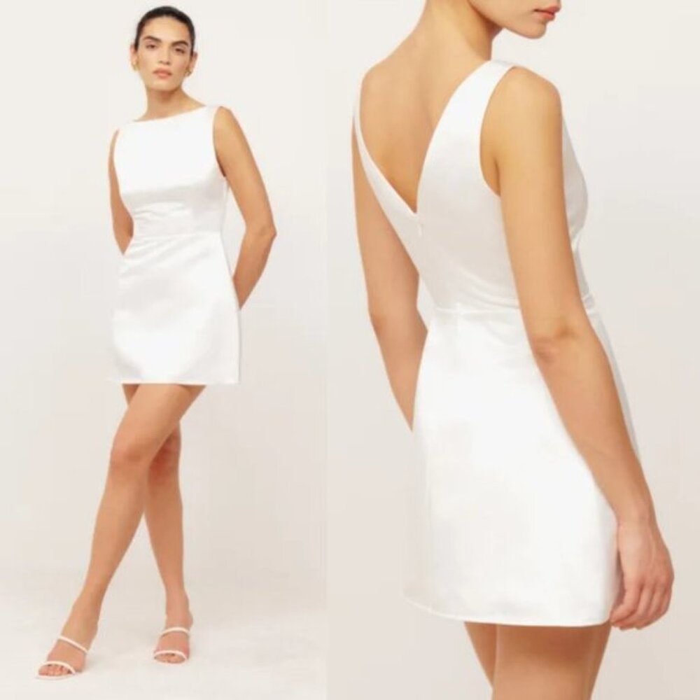NWT Reformation Zenni Satin Bridal Mini Dress Sz 6 Ivory A-line V-Back Fitted